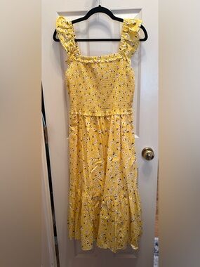 Kate Spade New York Fleurette Toss Voile Smocked Dress in Yellow Floral Print. M